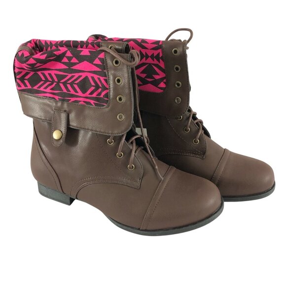 Twisted Womens Boots Fold Over Faux Leather Tribal Pink Brown Size 9W Wide Width - Picture 1 of 6